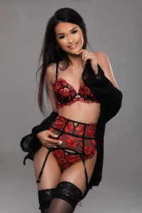 A photo of a sexy brunette escort called Madison in black and red lingerie 