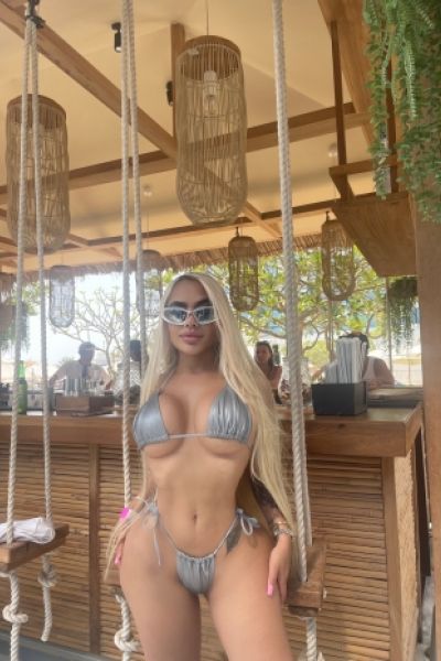 A photo of Sophie Laurrent dressed in a silver bikini 