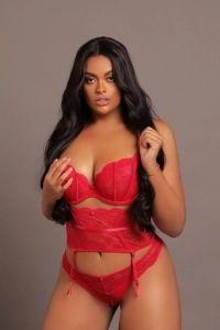 Busty brunette escort Journee has one hand on her boob in this photo 