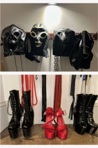 Whips masks and shoes all ready for fetish play 