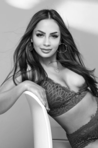 Close up black and white photo of Selene