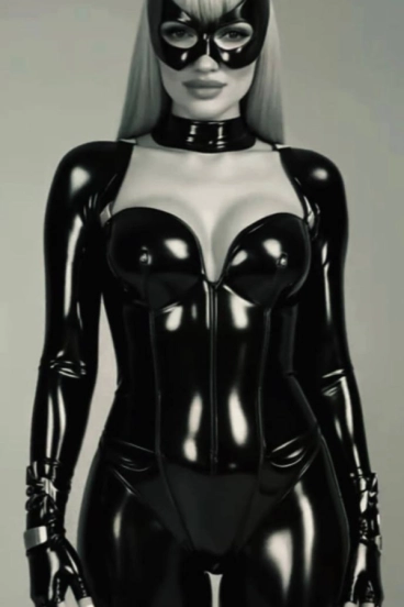 Mistress Alani wearing a mask and black latex