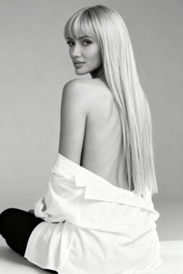 Stunning blonde London escort Alani wearing a long white shirt