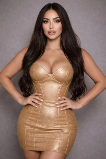 Vanessa - Lux wearing a gold dress and stood with her hands on her hips 
