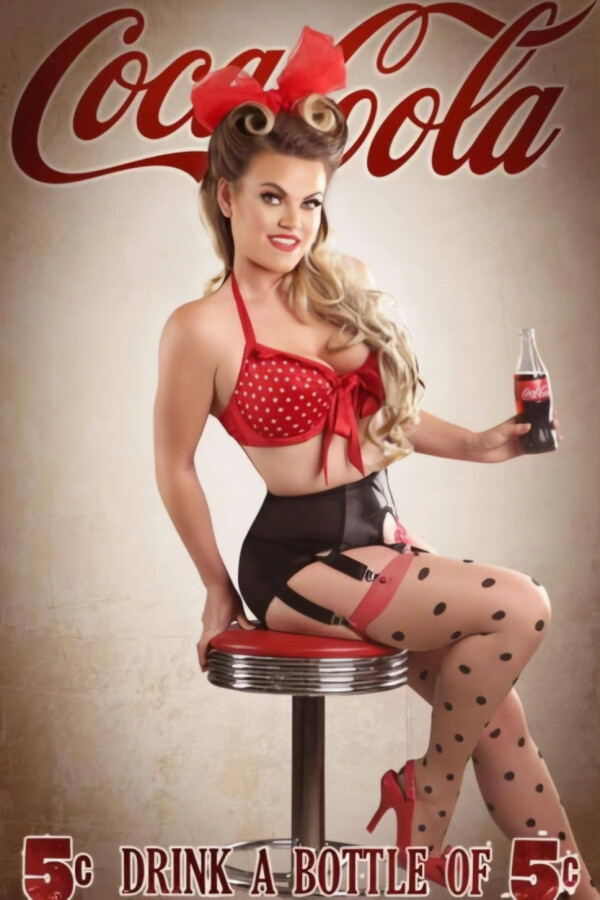 Scarlet in retro red polka dot lingerie holding a glass Coca-Cola bottle