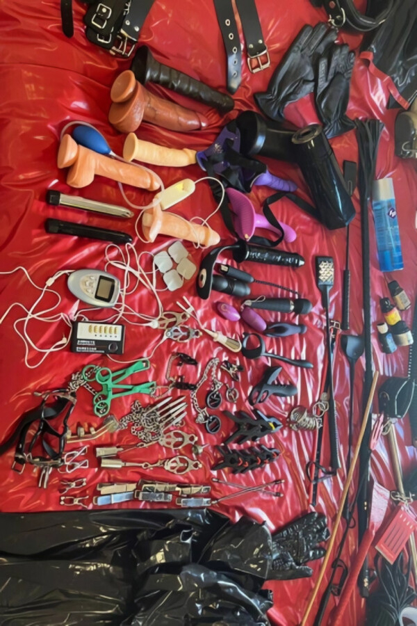 A bed full of dildos