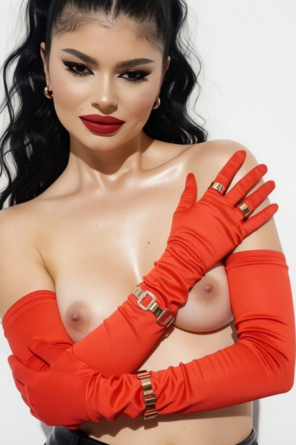 Small boob woman with her arm across her chest