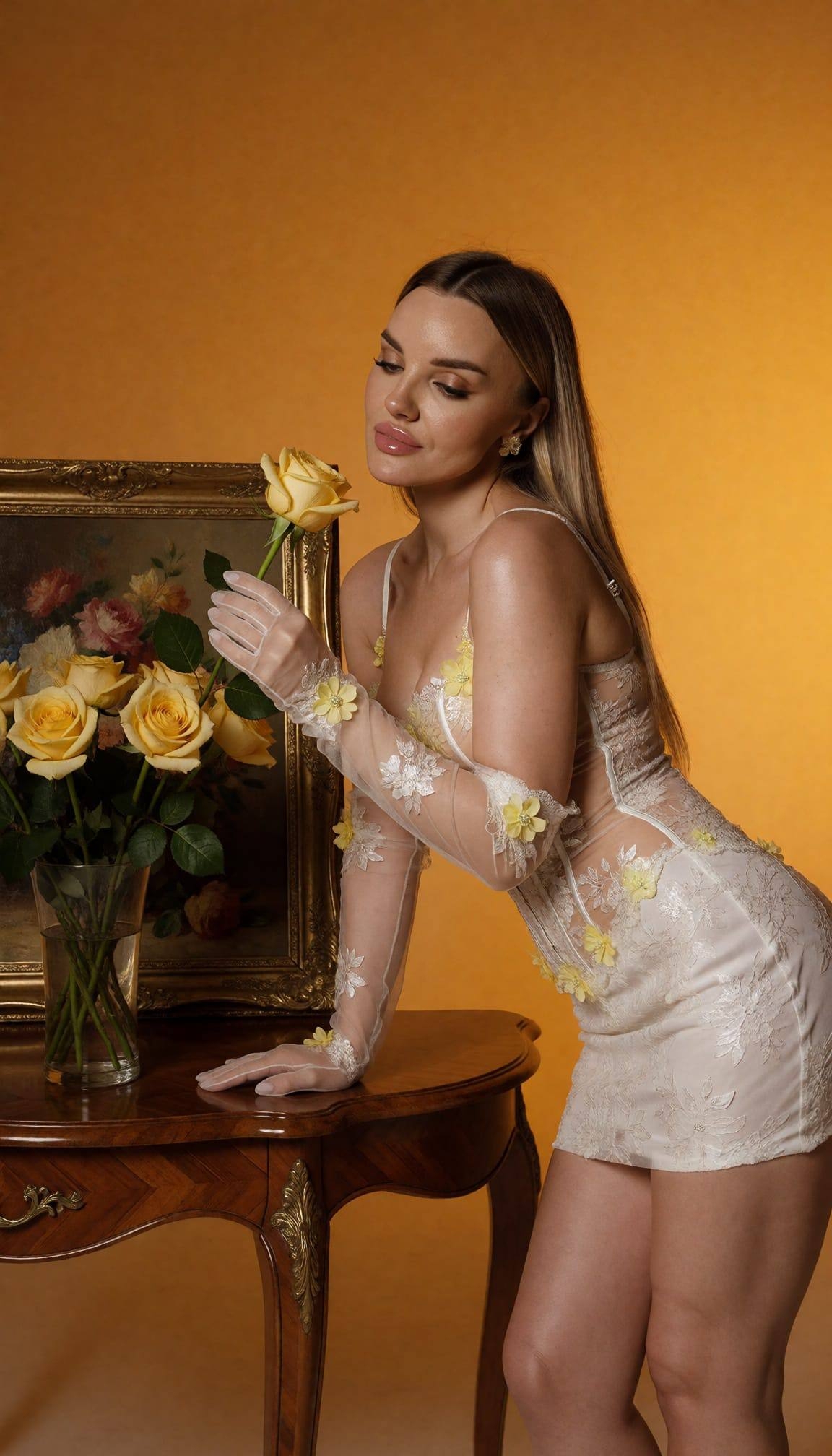 Ivy holds a yellow rose while wearing an ivory floral mini dress and sheer embroidered gloves.