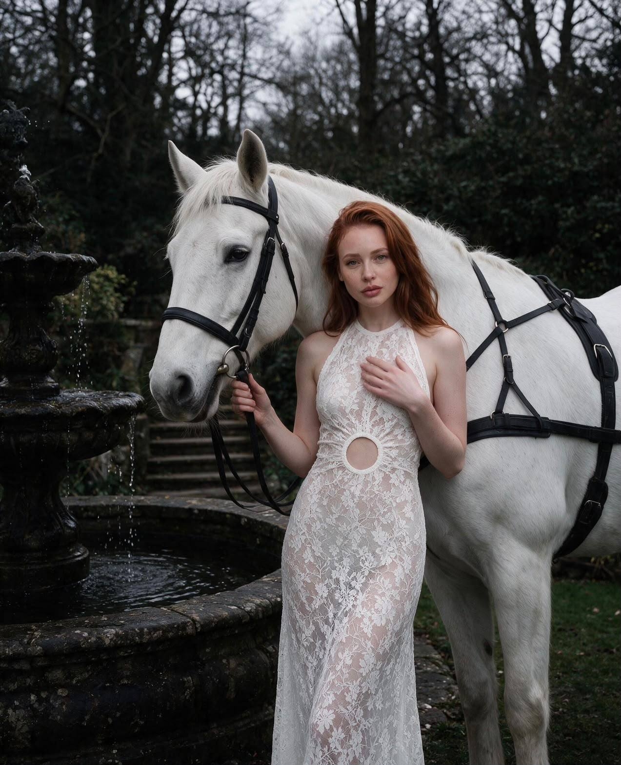 Estelar standing beside a white horse in a long white lace dress